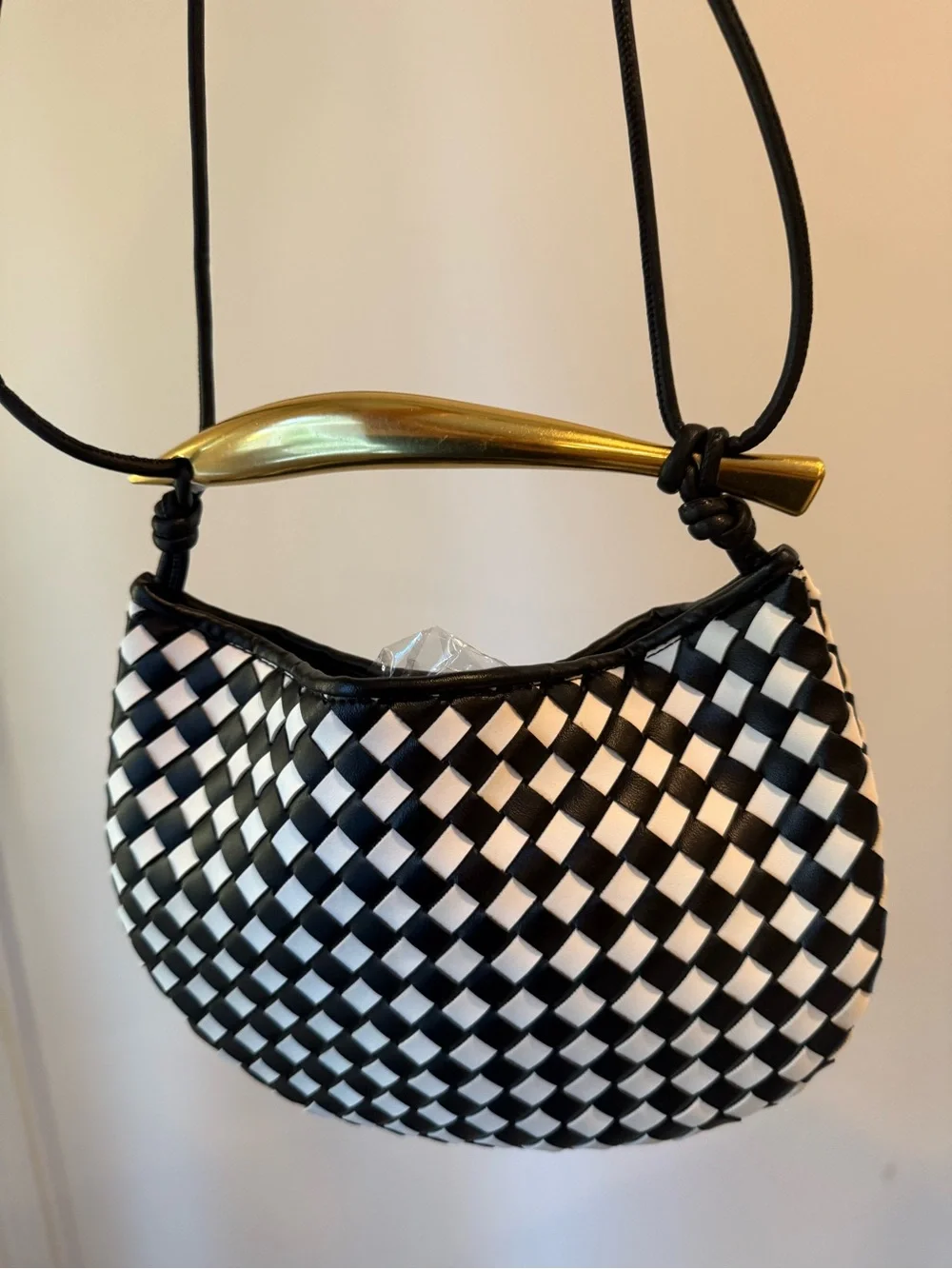 New Sardine Woven Black & White Halfmoon Bag with Gold Handle #Lux-P